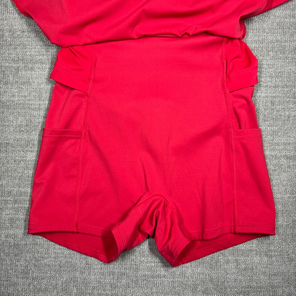 Backless Twisted Flare Halter Neck Exercise Dress with Built-in Shorts Red Small - Picture 3 of 16